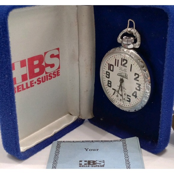 Belle-Suisse Accessories - Belle-Suisse Pocket Watch 17 Jewels Shock Absorber "Belle" Train Motif Vtg Box